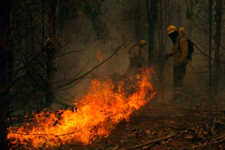 Firefighters try to put out a fire in Nacimiento, Concepcion province, Chile.