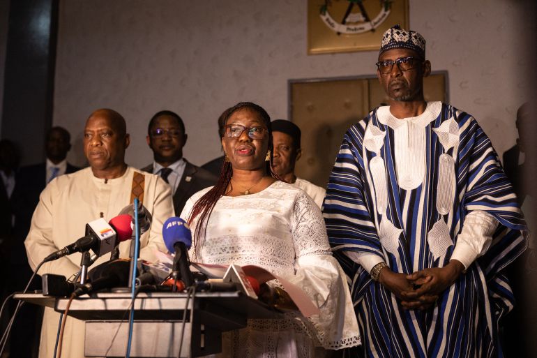 Burkina Faso Foreign Minister Olivia Rouamba (C) speaks during a joint news conference with her counterparts from Guinea and Mali, in Ouagadougou