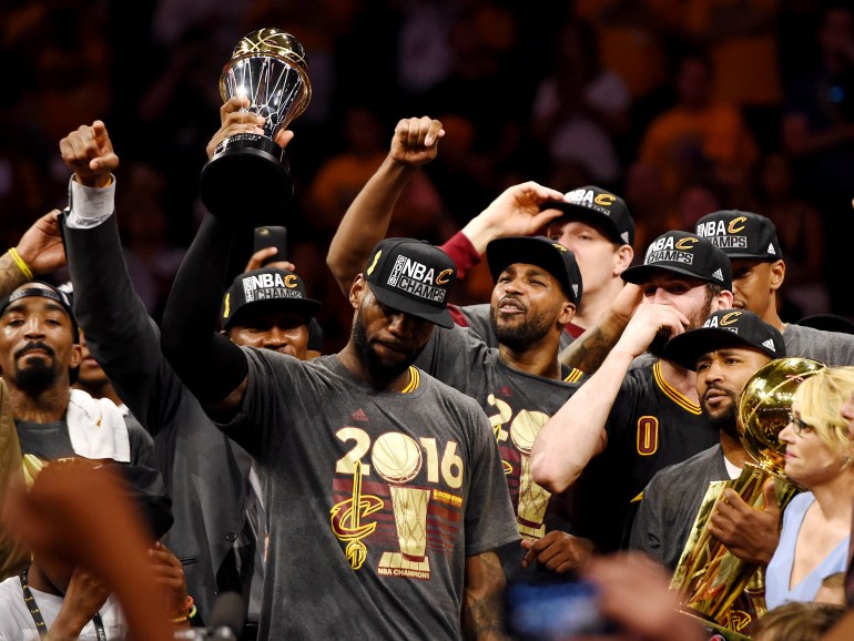 LeBron James winning the 2016 NBA championship with Cleveland.