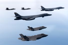 A handout photo dated February 1, 2023 shows South Korean and U.S. Air Forces conducting a combined air training with South Korean F-35A fighters, US B-1B strategic bombers, and F-22 and F-35B fighters participating in the skies over the West Sea, in South Korea. South Korean Defense Ministry/Handout via REUTERS THIS IMAGE HAS BEEN SUPPLIED BY A THIRD PARTY.