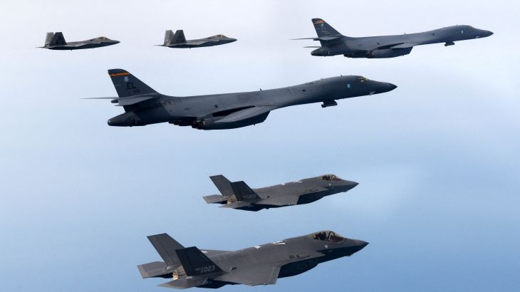 A handout photo dated February 1, 2023 shows South Korean and U.S. Air Forces conducting a combined air training with South Korean F-35A fighters, US B-1B strategic bombers, and F-22 and F-35B fighters participating in the skies over the West Sea, in South Korea. South Korean Defense Ministry/Handout via REUTERS THIS IMAGE HAS BEEN SUPPLIED BY A THIRD PARTY.