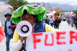 Demonstrators take part in a protest to demand Peru&#39;s President Dina Boluarte to step down, in Cuzco, Peru [Paul Gambin/Reuters]