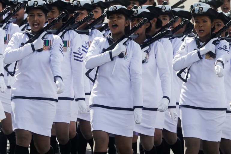 Sri Lanka's female police members march during the country's 75th Independence Day celebrations in Colombo, Sri Lanka February 4, 2023. REUTERS/Dinuka Liyanawatte