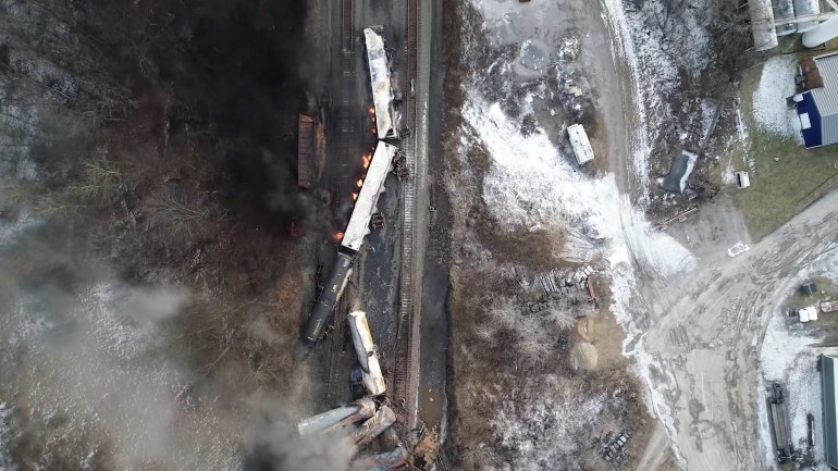 Drone photo shows freight train derailment in Ohio