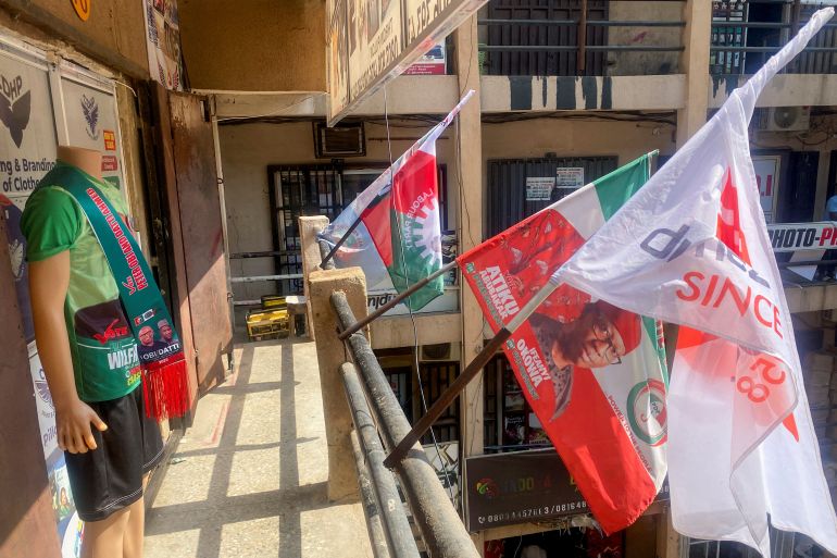 Branded flags with images of Nigerian presidential candidates