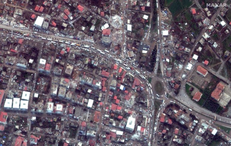 General view following an earthquake in downtown Nurdagi, Turkey, February 7, 2023. Maxar Technology/Handout via REUTERS THIS IMAGE HAS BEEN SUPPLIED BY A THIRD PARTY. NO RESALES. NO ARCHIVES. MANDATORY CREDIT. MUST NOT OBSCURE LOGO