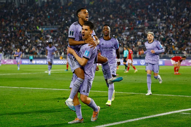 Real Madrid's Rodrygo celebrates scoring their third goal with Dani Ceballos