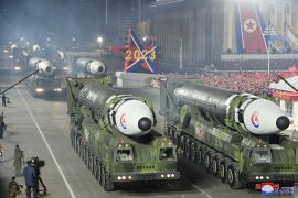 North Korean missiles are displayed during a military parade in Pyongyang to mark the 75th anniversary of the founding of the country&#39;s army on February 8, 2023 [KCNA via Reuters]