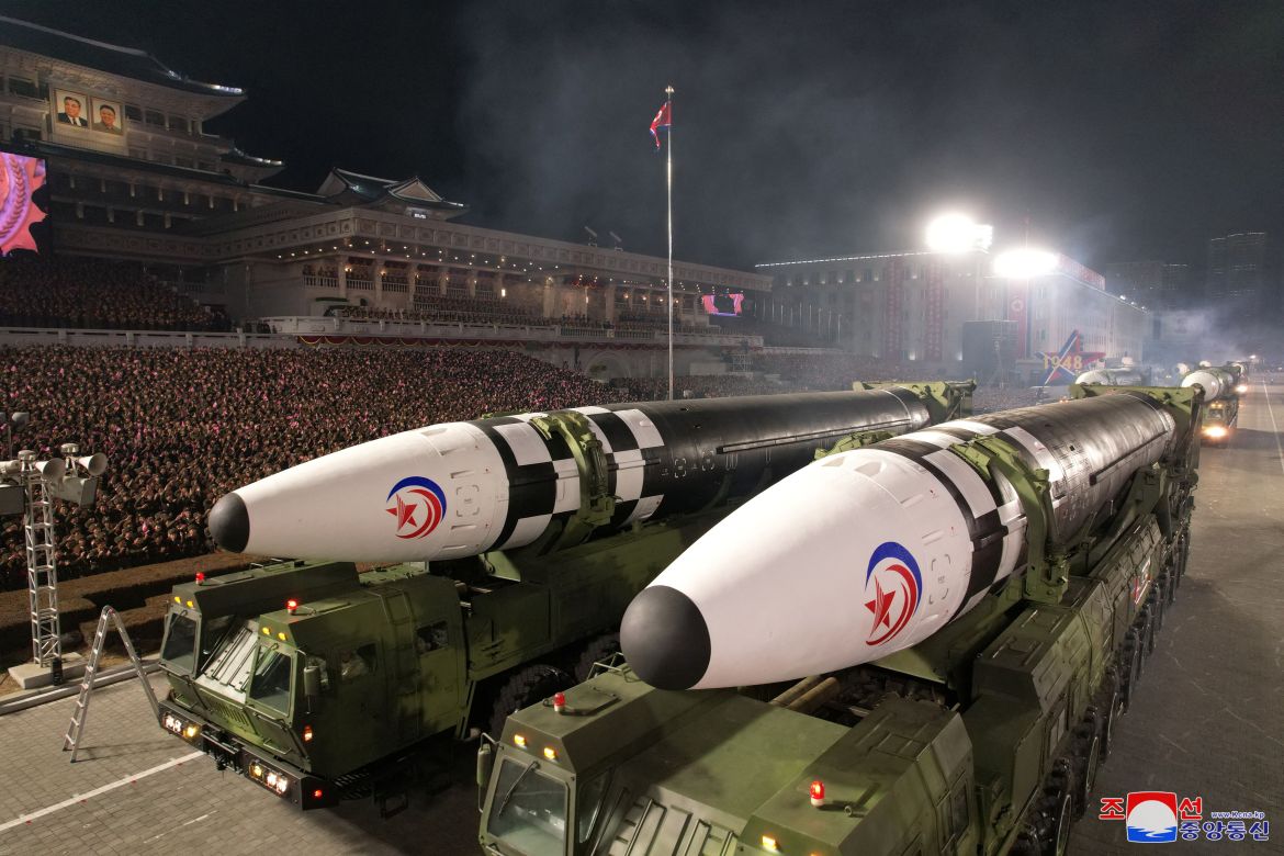 Missiles are displayed during a military parade to mark the 75th founding anniversary of North Korea's army, at Kim Il Sung Square in Pyongyang, North Korea February 8, 2023, in this photo released by North Korea's Korean Central News Agency (KCNA). KCNA via REUTERS ATTENTION EDITORS - THIS IMAGE WAS PROVIDED BY A THIRD PARTY. REUTERS IS UNABLE TO INDEPENDENTLY VERIFY THIS IMAGE. NO THIRD PARTY SALES. SOUTH KOREA OUT. NO COMMERCIAL OR EDITORIAL SALES IN SOUTH KOREA.