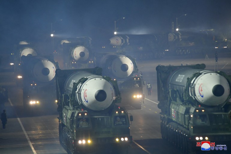 Missiles are displayed during a military parade to mark the 75th founding anniversary of North Korea's army, at Kim Il Sung Square in Pyongyang, North Korea February 8, 2023, in this photo released by North Korea's Korean Central News Agency (KCNA). KCNA via REUTERS ATTENTION EDITORS - THIS IMAGE WAS PROVIDED BY A THIRD PARTY. REUTERS IS UNABLE TO INDEPENDENTLY VERIFY THIS IMAGE. NO THIRD PARTY SALES. SOUTH KOREA OUT. NO COMMERCIAL OR EDITORIAL SALES IN SOUTH KOREA.