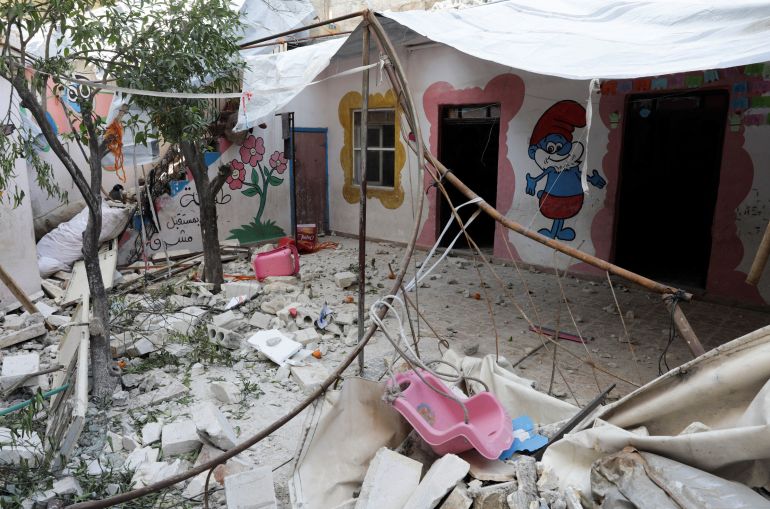 A general view shows the damage at kawkab al-Tofoula (Children's Planet) nursery, in the aftermath of an earthquake, in rebel-held town of Jandaris, Syria February 12, 2023. 