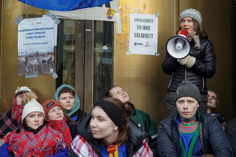 Greta Thunberg speaks during a demonstration with the campaigners from Nature and Youth and Norwegian Samirs Riksforbund Nuorat