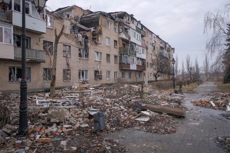A general view shows a building damaged by a Russian military strike in the front-line city of Bakhmut, in Donetsk region, Ukraine