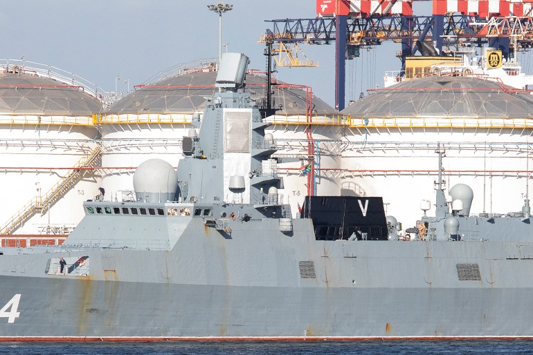 The Russian military frigate 'Admiral Gorshkov' docked in the harbour of Cape Town, South Africa, on February 13, 2023, ahead of 10-day joint maritime drills being staged alongside South Africa and China.