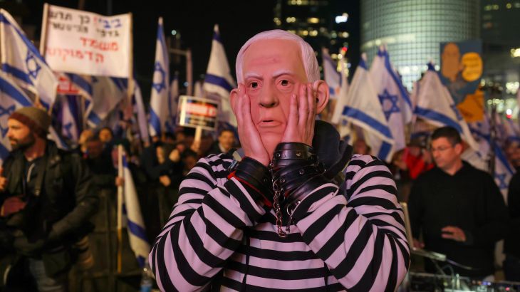 Demonstrators rally in Tel Aviv to protest the Israeli government's controversial reforms of the judicial system.