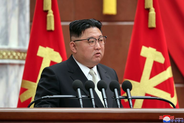 Kim Jong Un attends the 7th enlarged plenary meeting of the 8th Central Committee of the Workers' Party of Korea at its office building in Pyongyang, North Korea.