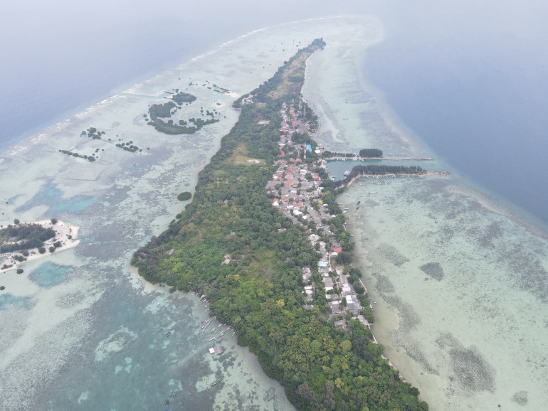 An aerial view of Pari island. It's a slither of land surrounded by clear waters and the Java Sea. There is a settlement on the right hand side of the island and lots of trees elsewhere. The island tapers to the top and bottom