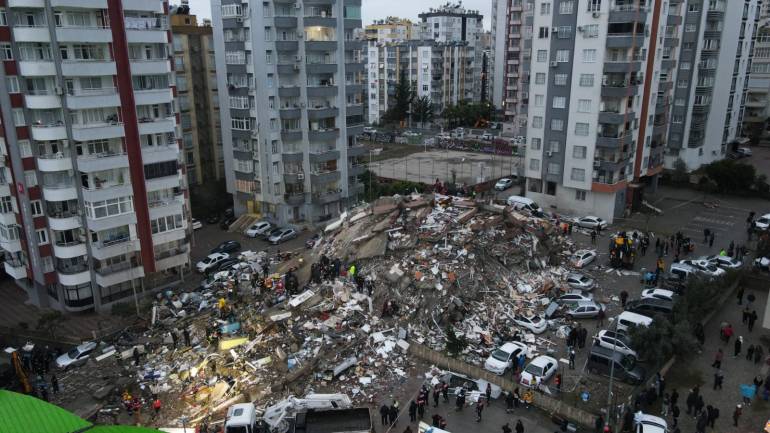 An aerial view of a debris as search and rescue works continue after a 7.4 magnitude earthquake hit southern provinces of Turkiye, in Adana, Turkiye on February 6, 2023.