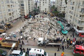 An aerial view of debris of a collapsed building in Osmaniye, Turkey [Muzaffer Çağlıyaner/Anadolu Agency]