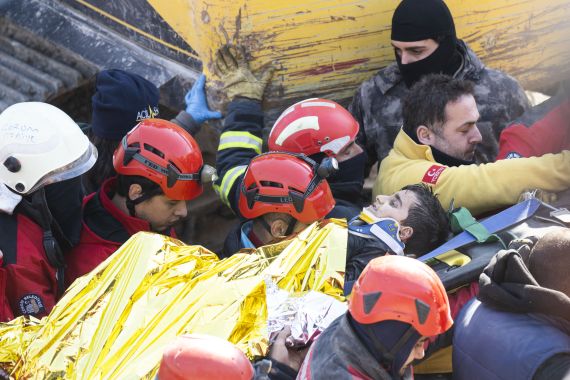 Seven-year-old Ahmet is rescued from under the rubble of a collapsed building 152 hours after the earthquakes that hit multiple provinces of Turkey, including Adiyaman.