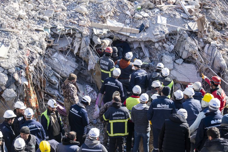 ADIYAMAN, TURKIYE - FEBRUARY 12: First responders rescue 7-year-old Haci Ahmet under rubble of 8-storey-building after 7.7 and 7.6 magnitude earthquakes hit multiple provinces of Turkiye including Adiyaman on February 12, 2023. Early Monday morning, a strong 7.7 earthquake, centered in the Pazarcik district, jolted Kahramanmaras and strongly shook several provinces, including Gaziantep, Sanliurfa, Diyarbakir, Adana, Adiyaman, Malatya, Osmaniye, Hatay, and Kilis