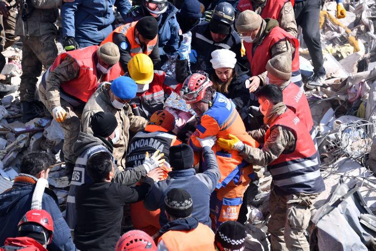 HATAY, TURKIYE - FEBRUARY 14: (----EDITORIAL USE ONLY - MANDATORY CREDIT - ' FIRE DEPARTMENT OF MERSIN PROVINCE / HANDOUT' - NO MARKETING NO ADVERTISING CAMPAIGNS - DISTRIBUTED AS A SERVICE TO CLIENTS----) 26-year-old Emine Akgul is rescued from under rubble 201 hours after 7.7 and 7.6 magnitude earthquakes hit multiple provinces of Turkiye including Hatay on February 14, 2023. On Monday, Feb.6 a strong 7.7 earthquake, centered in the Pazarcik district, jolted Kahramanmaras and strongly shook several provinces, including Gaziantep, Sanliurfa, Diyarbakir, Adana, Adiyaman, Malatya, Osmaniye, Hatay, and Kilis. On the same day at 13.24 p.m. (1024GMT), a 7.6 magnitude quake centered in Kahramanmaras' Elbistan district struck the region.