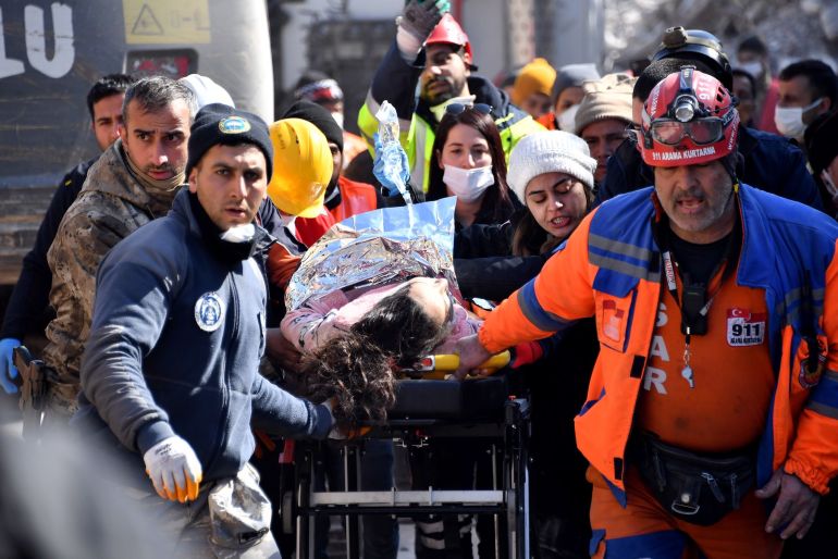 HATAY, TURKIYE - FEBRUARY 14: (----EDITORIAL USE ONLY - MANDATORY CREDIT - ' FIRE DEPARTMENT OF MERSIN PROVINCE / HANDOUT' - NO MARKETING NO ADVERTISING CAMPAIGNS - DISTRIBUTED AS A SERVICE TO CLIENTS----) 26-year-old Emine Akgul is rescued from under rubble 201 hours after 7.7 and 7.6 magnitude earthquakes hit multiple provinces of Turkiye including Hatay on February 14, 2023. On Monday, Feb.6 a strong 7.7 earthquake, centered in the Pazarcik district, jolted Kahramanmaras and strongly shook several provinces, including Gaziantep, Sanliurfa, Diyarbakir, Adana, Adiyaman, Malatya, Osmaniye, Hatay, and Kilis. On the same day at 13.24 p.m. (1024GMT), a 7.6 magnitude quake centered in Kahramanmaras' Elbistan district struck the region. ( Fire Department of Mersin Province - Anadolu Agency )