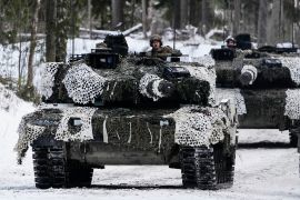 Denmark's Leopard 2A7 tanks move during the Winter Camp 23 military drills near Tapa, Estonia