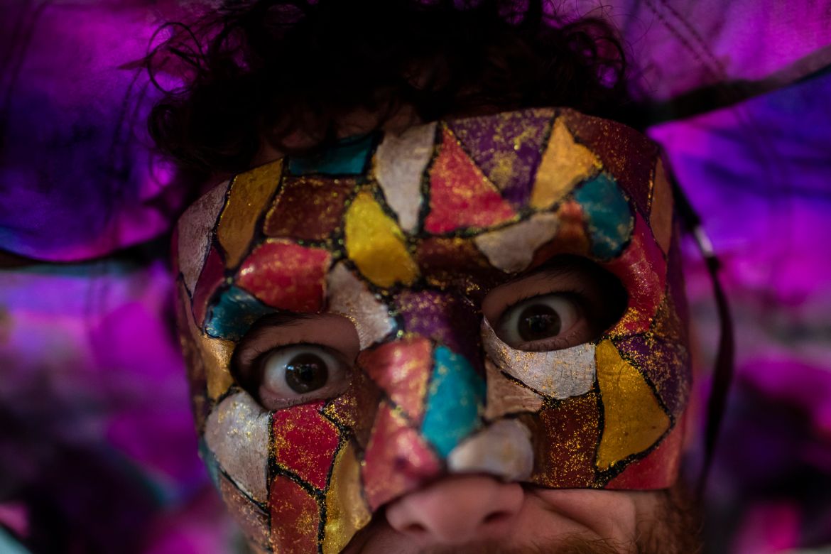 A close-up of a bright Carnival mask