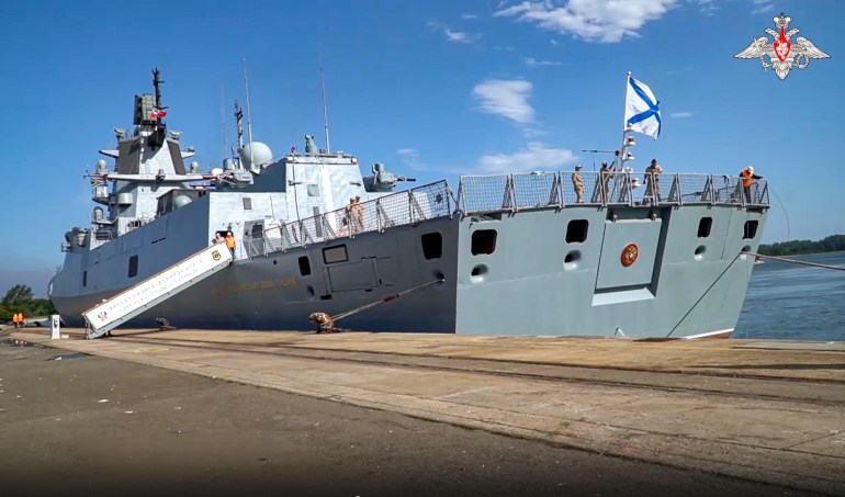 This handout photo taken from video released by Russian Defense Ministry Press Service on Wednesday, Feb. 22, 2023, shows the Admiral Gorshkov frigate of the Russian navy in Richards Bay, South Africa
