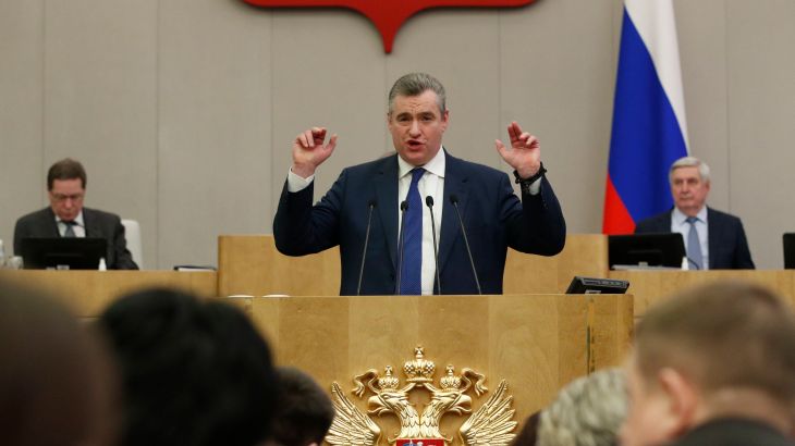 In this handout photo released by The State Duma, The Federal Assembly of The Russian Federation, Liberal Democratic Party Leader Leonid Slutsky gestures