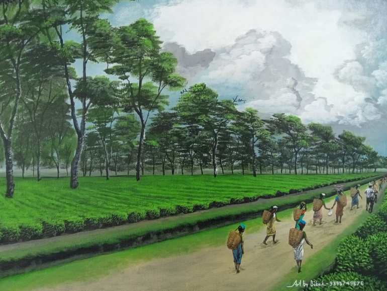 Painting of a tea estate with the workers walking down a path between the tea fields