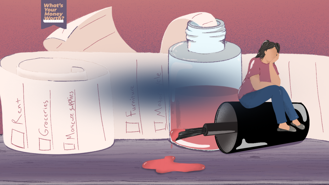 An illustration of a woman sitting on a nailpolish cap with a brush coming out of it and a big rolled up receipt is coming out of the open nail polish bottle swirling all around.