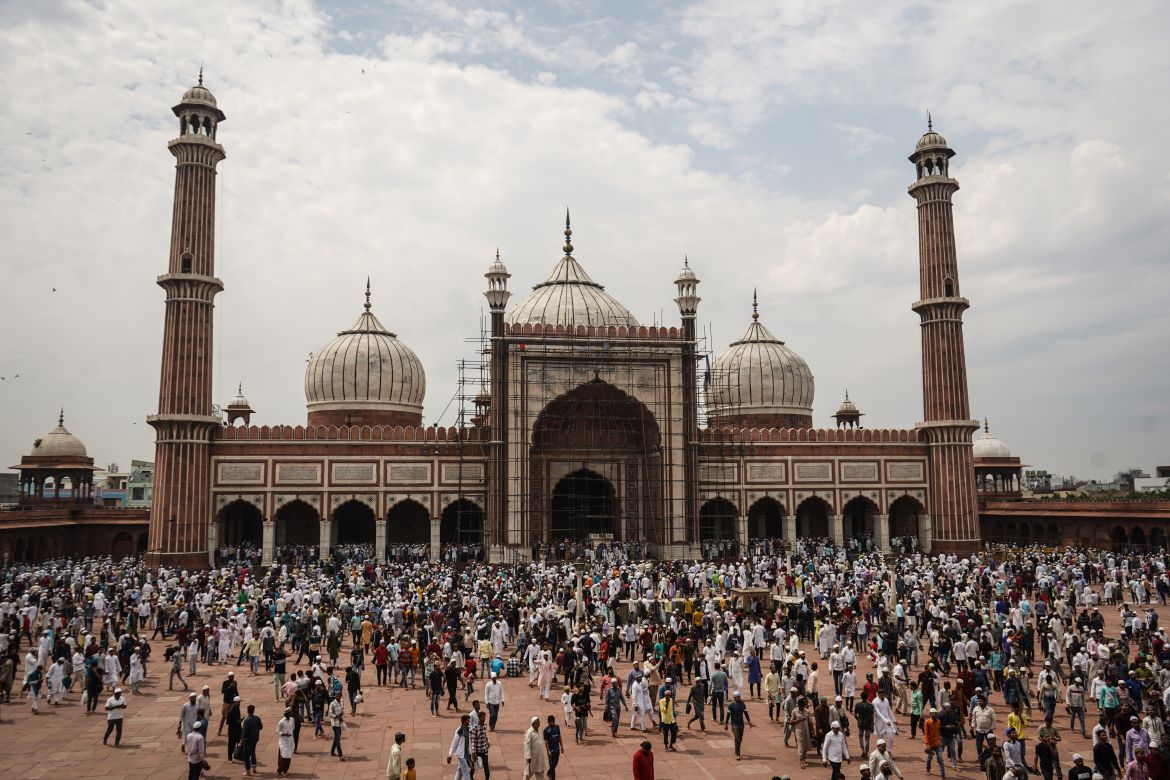 Thousands of people gather together in the compound of the Historic Jama Masjid to offer Friday mid-day prayers, which marked the first day of Ramadan in India. Jama Masjid is located in old Delhi, which was constructed by Mughal Emperor Shah Jahan during 1650–56 AD.