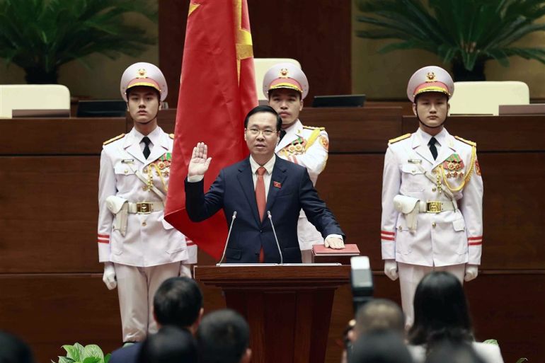 epa10498181 A handout photo made available by Vietnam News Agency shows Vo Van Thuong, 53, speaking after taking oath as Vietnam's new president in Hanoi, Vietnam 02 March 2023. Vietnam's National Assembly elected Vo Van Thuong as president for the 2021-2026 term in an extraordinary meeting on 02 March, weeks after former president Nguyen Xuan Phuc's resignation. EPA-EFE/VIETNAM NEWS AGENCY VIETNAM OUT HANDOUT EDITORIAL USE ONLY/NO SALES
