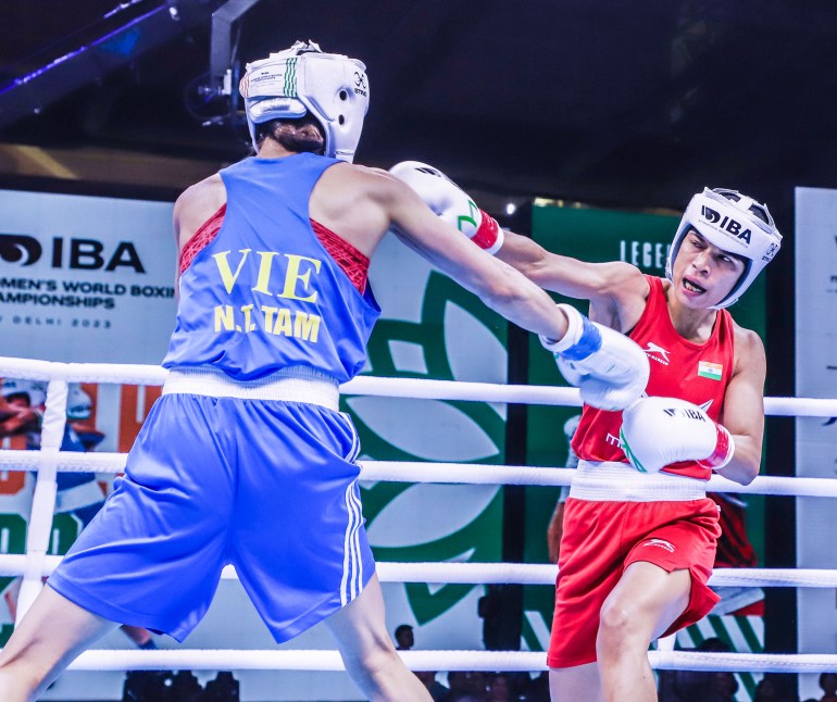 Nikhat (50kg) in action against Nguyen Thi Tam of Vietnam in the finals of the Mahindra IBA Women's World Boxing Championships 2023