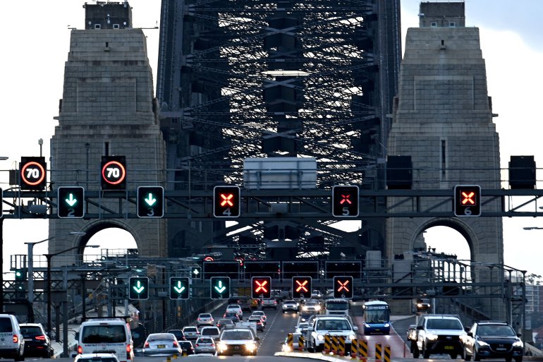 Busy traffic on the Sydney Harbour Bridge in Australia.