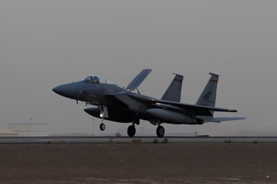 A US Air Force F-15 lands at an Air Force Base in the Arabian Gulf in 2017. The Pentagon said that the US had carried out multiple air strikes on tarke REUTERS/Hamad I Mohammed