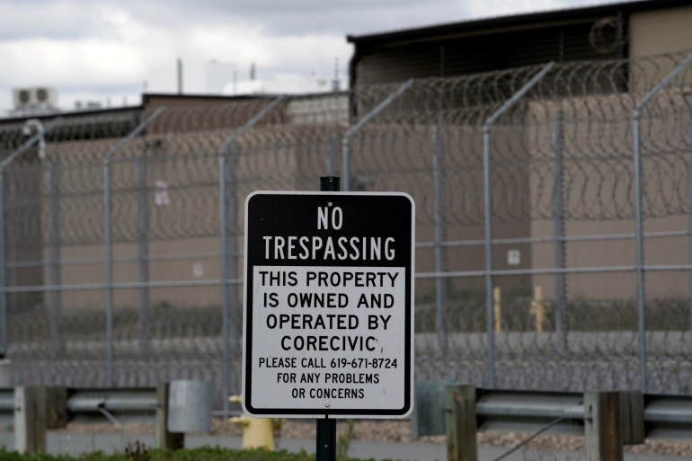 A ''no trespassing'' sign is seen outside the Otay Mesa Detention Center, a ICE (Immigrations & Customs Enforcement) federal detention center privately owned and operated by prison contractor CoreCivic