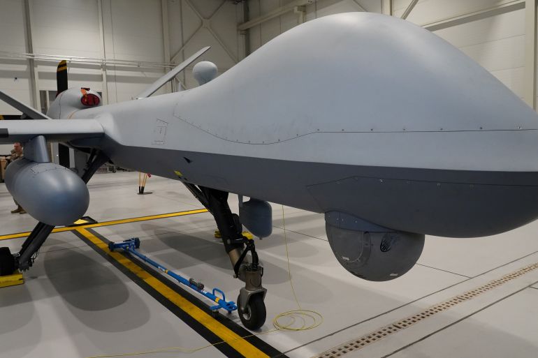 A Reaper drone in a hangar