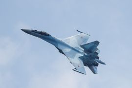 A Russian Sukhoi Su-35S jet fighter performs at the International Army Games 2021, at the Dubrovichi range outside Ryazan, Russia [File: Maxim Shemetov/Reuters]