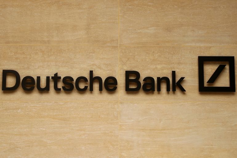The logo of Deutsche Bank is pictured on a company's office in London, Britain.
