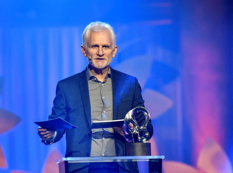 FILE PHOTO: Human rights activist Ales Bialiatski, founder of the organization Vesna (Belarus), receives the Right Lifestyle 2020 award at the digital awards ceremony in Stockholm, Sweden 