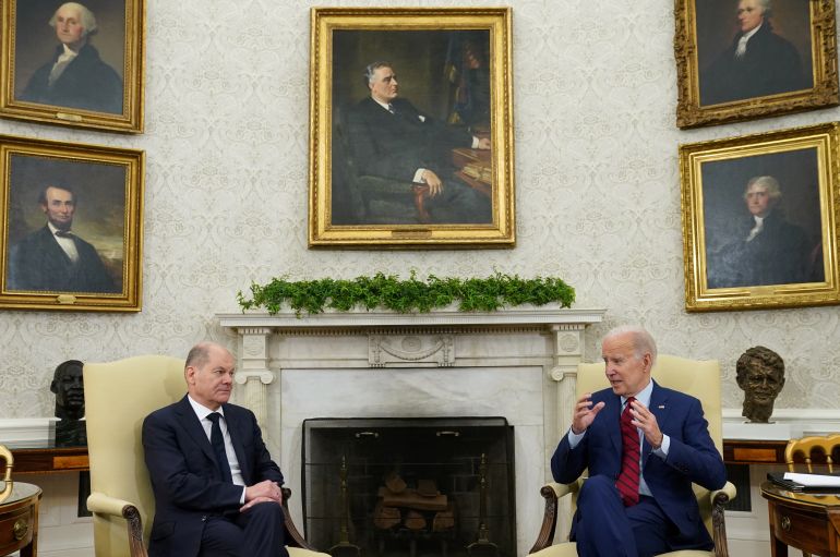 U.S. President Joe Biden meets with German Chancellor Olaf Scholz in the Oval Office of the White House in Washington, U.S., March 3, 2023. REUTERS/Kevin Lamarque