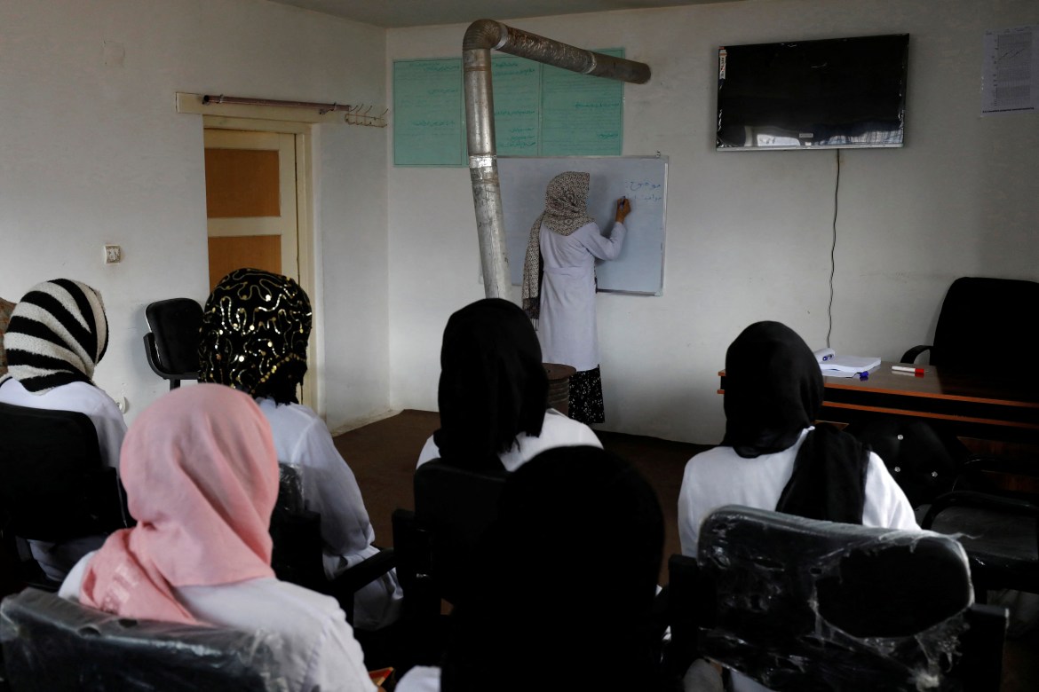 A teacher gives a lecture to trainee midwives in Bamiyan, Afghanistan