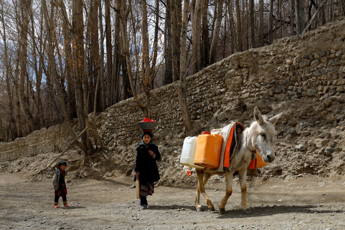 Children walk beside a donkey carrying goods in Bamiyan