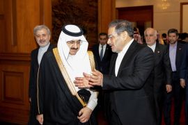 Iran's Ali Shamkhani and Saudi Arabia's Musaad bin Mohammed Al Aiban