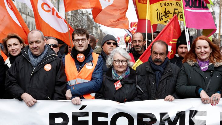 French unions protest against the pension reform plan in Paris