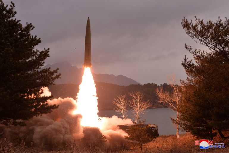 A missile launching vertically into the air with flames beneath. There are trees around.
