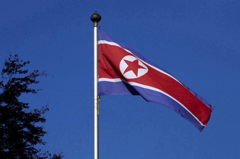 A North Korean flag flies on a mast at the Permanent Mission of North Korea in Geneva
